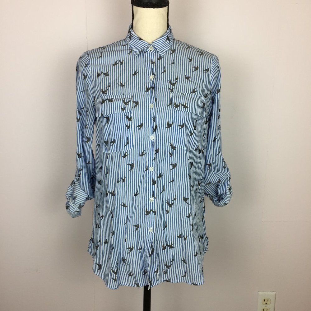 Express Button Shirt Blouse Size S Womens Blue White Striped Roll Tab Sleeve